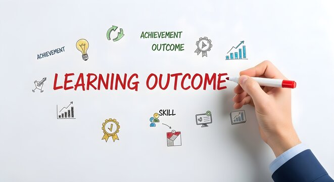 hand writing learning outcome on whiteboard with icons