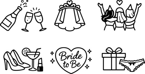 Fototapeta premium Bachelorette party wedding bride celebration line icons. Vector