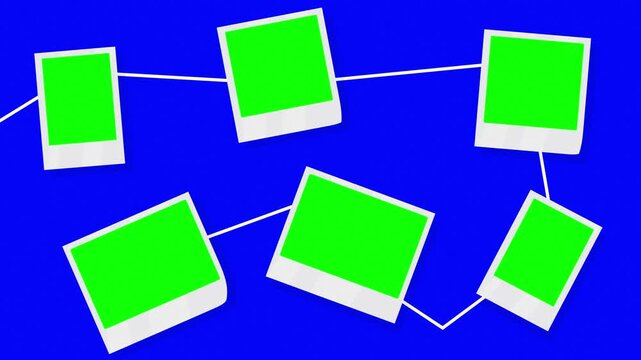 Hanging Polaroid Photo Frame with Green Screen Template on Blue Background animation 4k.