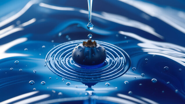 Macro shot of a fresh blueberry in sapphire blue liquid with concentric ripples and falling water drops