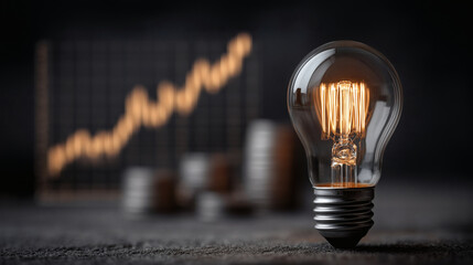 Light bulb with glowing filament and blurred rising graph with coins in background - concept of increasing electricity costs, inflation and energy expenses