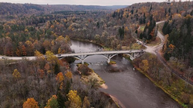 Aerial Autumn Flight Above Gauja National Park River and Sigulda Bridge