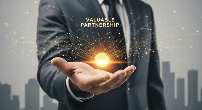 Man in suit holds a glowing coin with lines radiating outward, symbolizing finance, digital currency, and investment with valuable partnership text