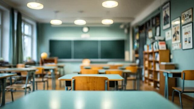 Bright and quiet empty classroom with a blackboard and wooden desks