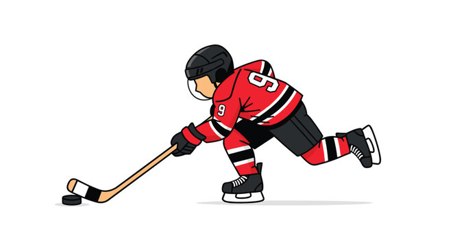 An ice hockey player in a red and black uniform with number 9 controls a puck with ice spray on a white background.
