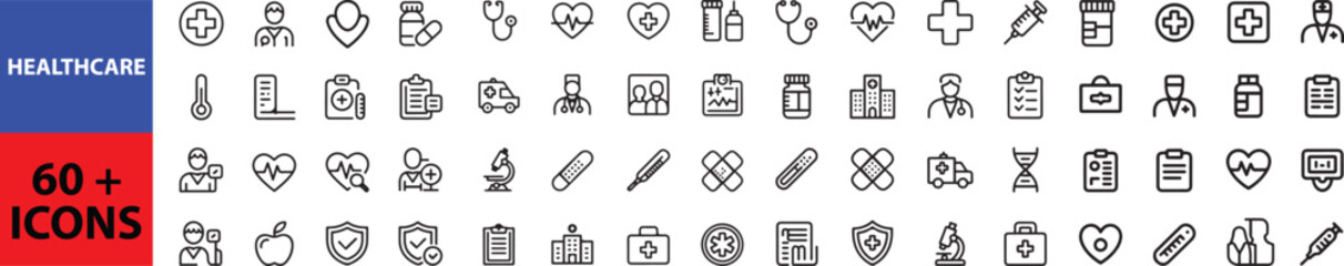 Healthcare set of web icons in line style. Medicine and Health Care linear icon collection. Containing emergency, doctor, treatment, medical, report, diagnosis, health, prevention. Outline icon