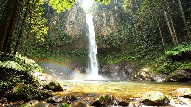 Waterfall cascades into serene forest pool with rainbow