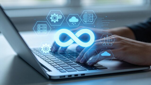 DevOps infinity symbol over laptop keyboard,software development and cloud computing automation concept representing continuous integration deployment and IT operations workflow