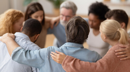 Fototapeta premium Diverse group of faceless men and women seated in a circle during a group therapy session, leaning toward each other supportively, community room behind, group therapy circle, mental health
