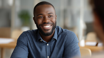 Fototapeta premium Faceless happy Black male therapist in a bright hospital meeting room engaged in a positive consultation with a patient, clinical interior behind, Black therapist, mental health consultation,