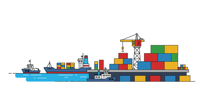 A busy cargo port with ships, tugboats, and a crane loading colorful shipping containers onto a dock is depicted in a line art illustration.