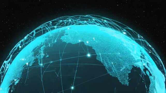 Globe with connections and networks in space with stars and constellations shining brightly in the background with a dark blue color scheme