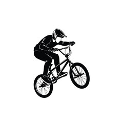 Naklejka premium A silhouette of a bmx rider performing a trick on a bike with a helmet and protective gear against a white background