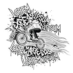 Naklejka premium A young man wearing a bmx tshirt riding a bicycle with dynamic motion graphics and graffiti in the background