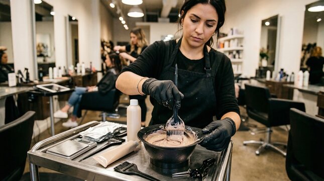 Hair colorist expertly blending dye and developer at a modern salon with stylish decor and focused atmosphere