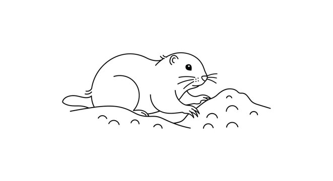 Outlined illustration of a groundhog beside a mound on a white background