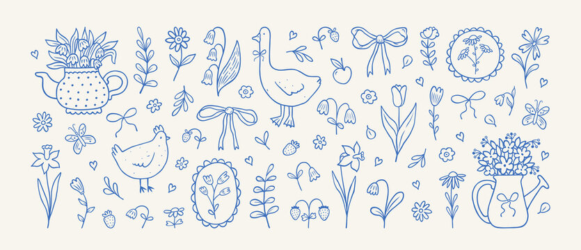 Coquette spring illustrations and cottage aesthetics elements. Cute hand drawn garden and field flowers, bow, goose, chicken, strawberry, watering can. Spring summer floral icon. Vector illustration.