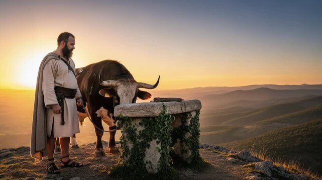Bearded man with bull standing by stone altar on mountain top. Biblical scene representing sacrifice and ancient faith at sunset. Historical religious concept.