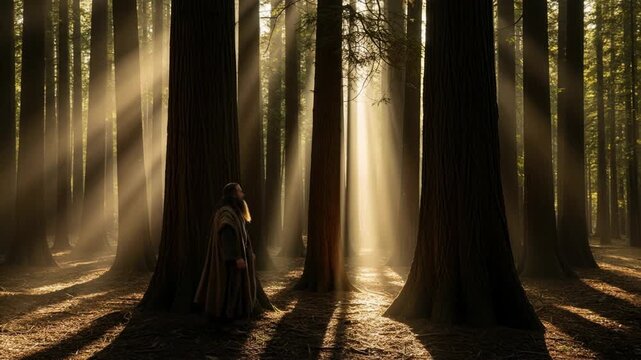 Prophet walking through mystical forest with sun rays. Religious man in robe exploring ancient woods. Biblical figure journey in nature, spiritual enlightenment.