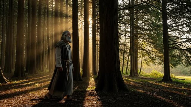 Bearded man in biblical robe walking through sunlit forest. Prophet wandering in woods with golden morning light. Spiritual journey and religious themed sequence.