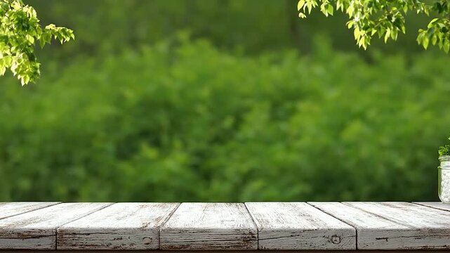 Empty rustic wooden table with blurred green nature background and fresh leaves