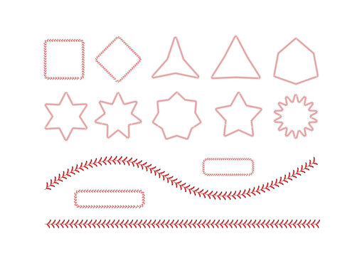 A versatile collection of red baseball lace patterns arranged in various geometric shapes, frames, stars, and decorative dividers on a clean white background.