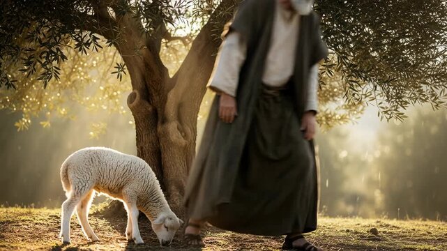 Bearded shepherd in ancient clothing petting a lamb under an olive tree. Biblical scene of a man caring for livestock in sunlight. Religious tradition concept.