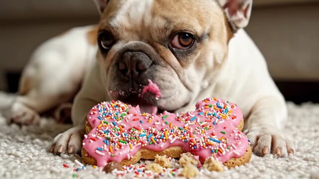 Bulldog bites into oversized decorated dog cookie in home setting, connecting food enjoyment with playful moments. Dessert, pet, and celebration repeated for advertising bakery goods.