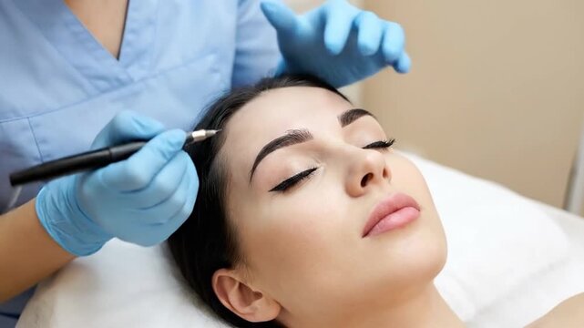 Beauty professional performs eyebrow microblading on a woman. Cosmetic enhancement procedure in a salon.