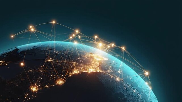 Connections and networks on a globe with a city at night and a dark background
