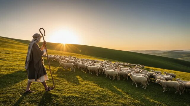 Shepherd with staff standing in field grazing flock of sheep at sunset. Biblical story scene depicting historical herder tending to livestock in green meadow.