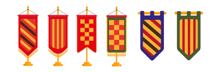 Set of colorful medieval flags, banners in cartoon style. Vector illustration of royal standard stands with tassels, patterns: diagonal, vertical stripes, checkered isolated on white background. © MVshop