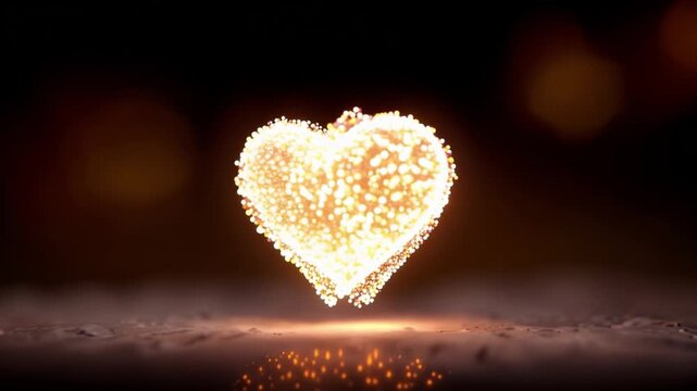 Golden hearts glow softly against a dark background. Particles shimmer like sparks around each shape. Warm light radiates from their textured surfaces. They hover above a reflective surface below