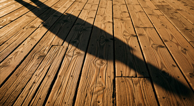 Close up of wooden deck planks with long diagonal shadow. Warm golden hour light on timber boardwalk texture. Rustic outdoor flooring background