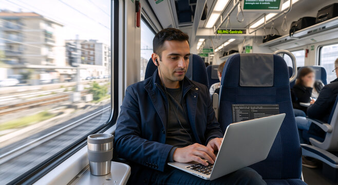 Man working on a laptop during a train commute. Professional male passenger using computer and earphones on a moving train. Business travel and productivity concept