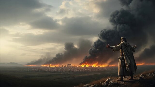 Biblical prophet watching destruction of burning city. Armenian man in historical robe stands on hill with raised hands as smoke fills sky. Faith and judgment.