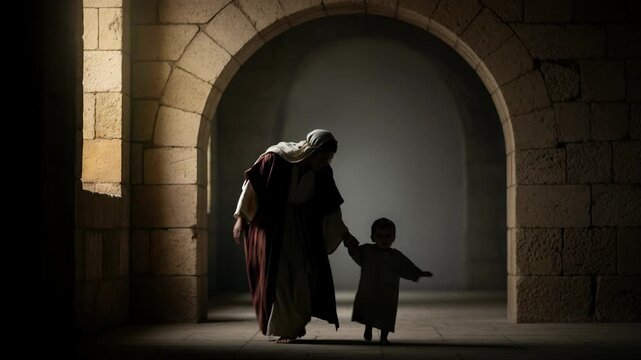 Woman dressed in biblical clothing walks with a small child in a stone corridor. Mother and toddler holding hands inside ancient temple architecture scene.