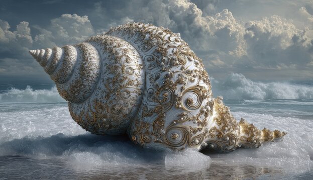 Surreal Seashell Giant - Dreamlike Ocean Landscape with Cloudy Sky and Reflective Water.