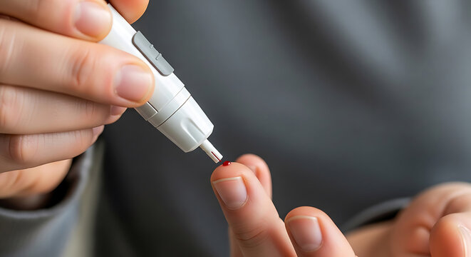 Person using a lancet device to prick finger for glucose test meter