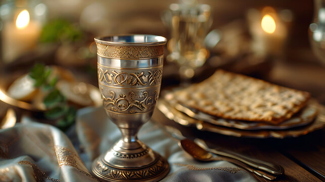 Ornate silver and gold detailed Kiddush cup 3D illustration on dark background with copy space for Jewish traditional holiday dinners and ritual posters