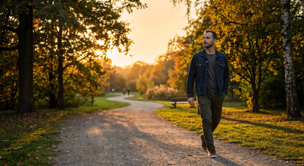 Fototapeta premium Young man walking on a path in an autumn park. Casual male in denim jacket enjoying a stroll during sunset. Fall season lifestyle concept