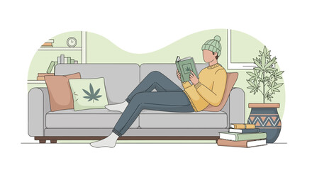 Obraz premium a man Relaxing on Sofa Reading Book with Cannabis Elements, Cozy 420 Day Lifestyle Flat Vector Illustration