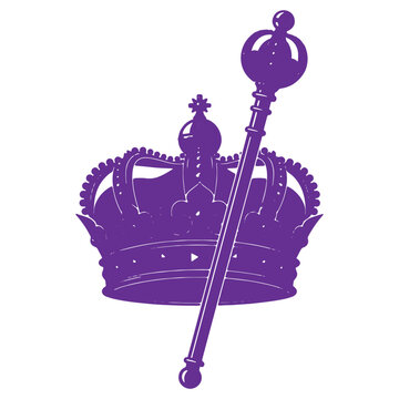 Royal crown and scepter symbolizing monarch power and authority in a regal purple illustration isolated on transparent background