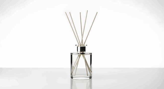 A reed diffuser with sticks sits on a reflective surface indoors.