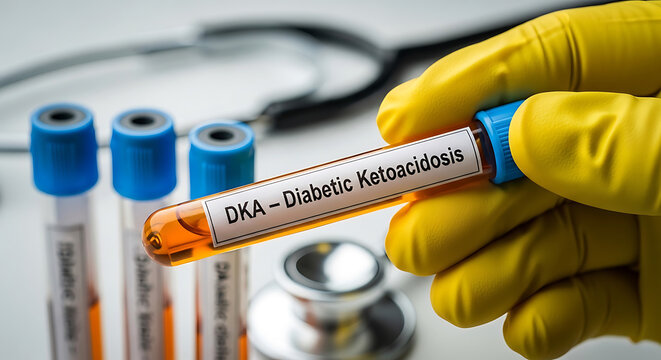 Yellow gloved hand holds test tube labeled D K A Diabetic Ketoacidosis medical laboratory sample