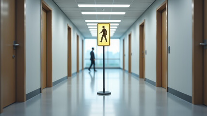 Fototapeta premium long minimalist hallway with pedestrian crossing sign centered in perspective creating strong visual path through modern building corridor