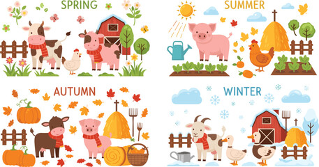 Fototapeta premium Farm animals through four seasons spring summer autumn winter countryside farming cartoon vector illustration collection set