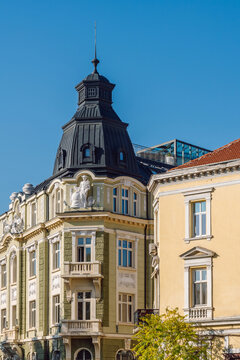 Historic Neo-Baroque Architecture with Statue of Hermes in Sofia, Bulgaria. Stunning example of Sofia&rsquo;s early 20th-century architecture,