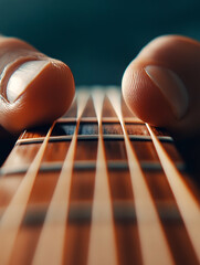 Fototapeta premium A detailed close up of fingers pressing down on guitar strings, showcasing the texture and precision of playing