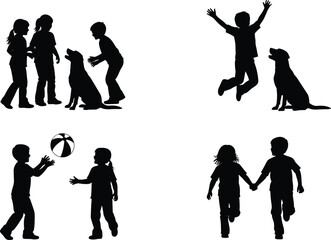 Obraz premium Silhouettes of children playing with dog, jumping, tossing beach ball, walking hand in hand, symbolizing friendship, joy, innocence, companionship, and playful childhood activities illustration